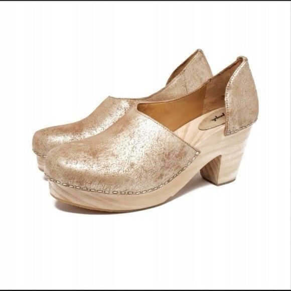 Free People Monroe Clogs size EU 40 US 8.5 Chunky Gold Foiled Tan Patent Leather - Picture 2 of 13